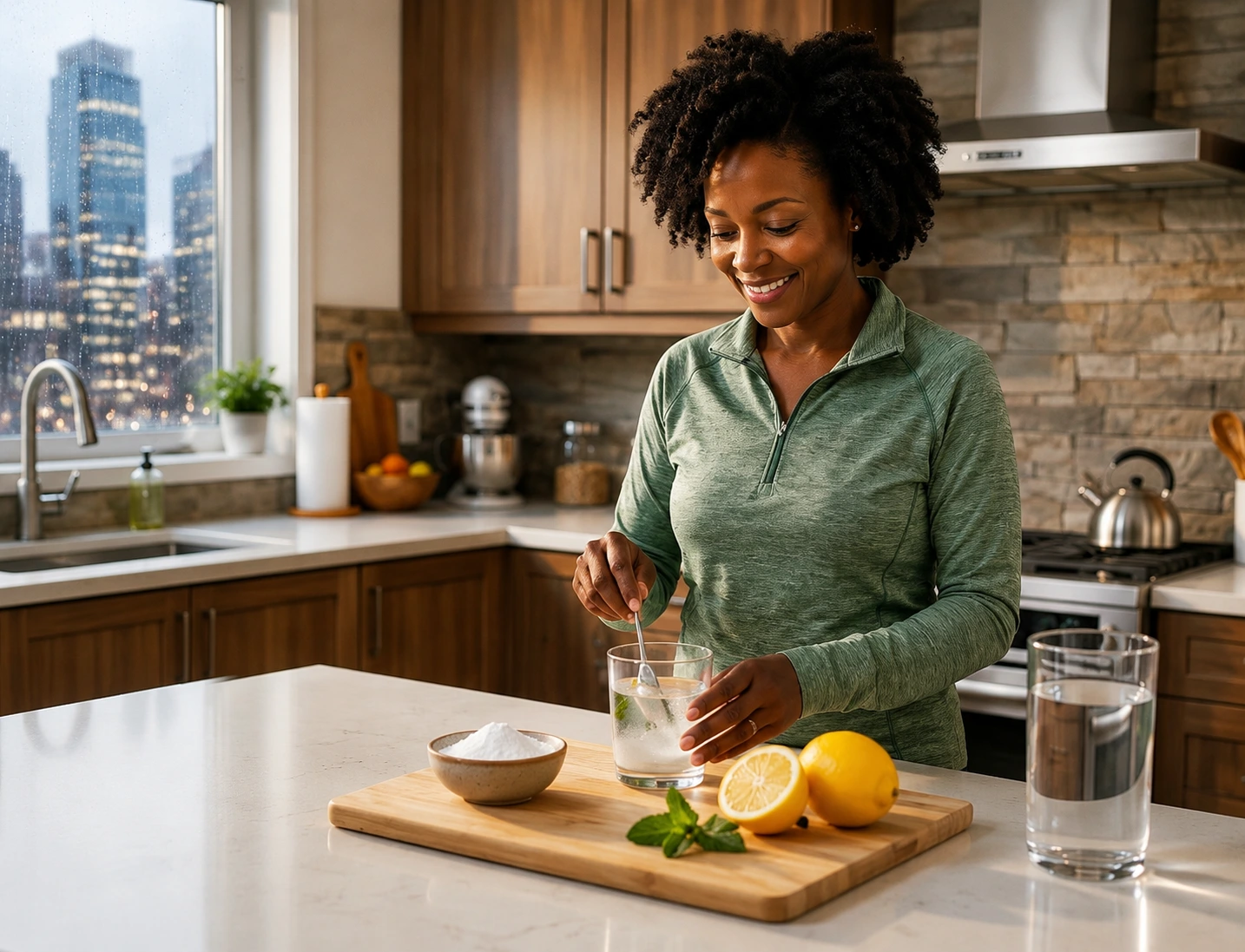 A woman preparing a warm drink with lemon and mint in her kitchen